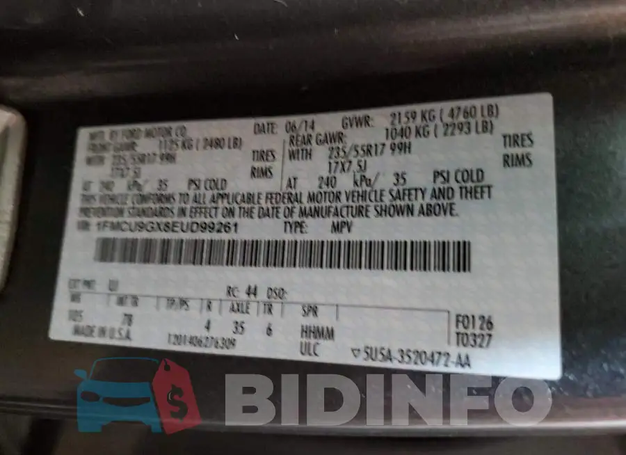 1FMCU9GX8EUD99261 Photo# 14