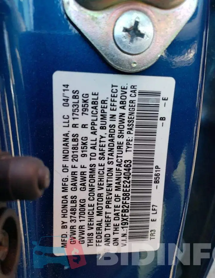 19XFB2F58EE240463 Photo# 13