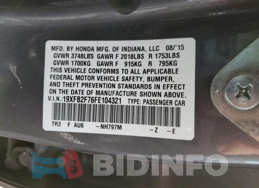 19XFB2F76FE104321 Photo# 12
