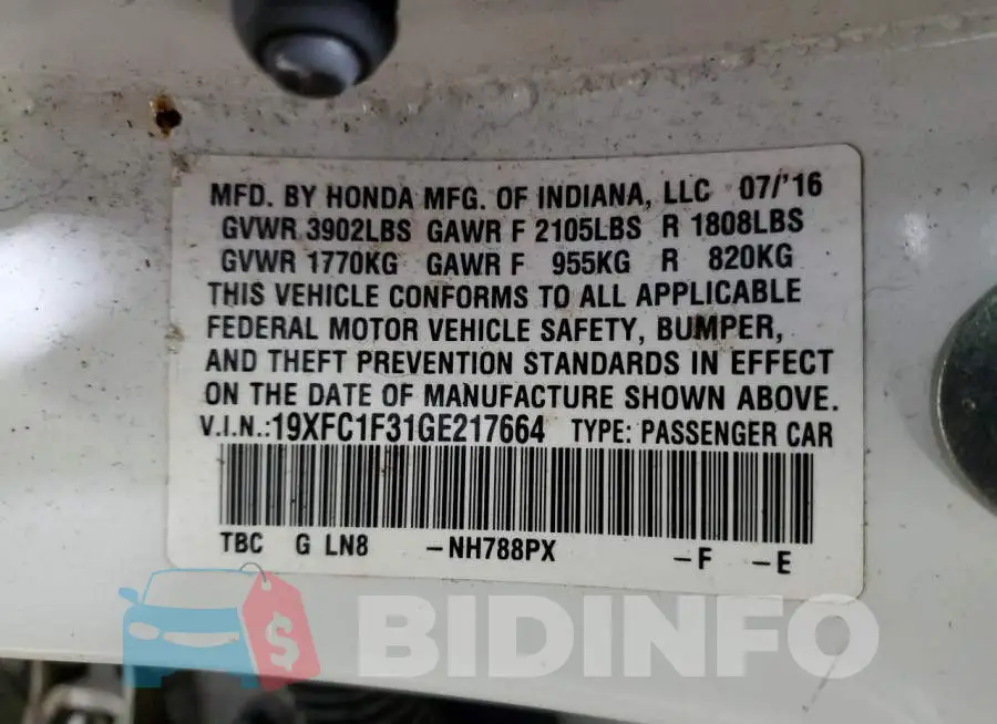 19XFC1F31GE217664 Photo# 13