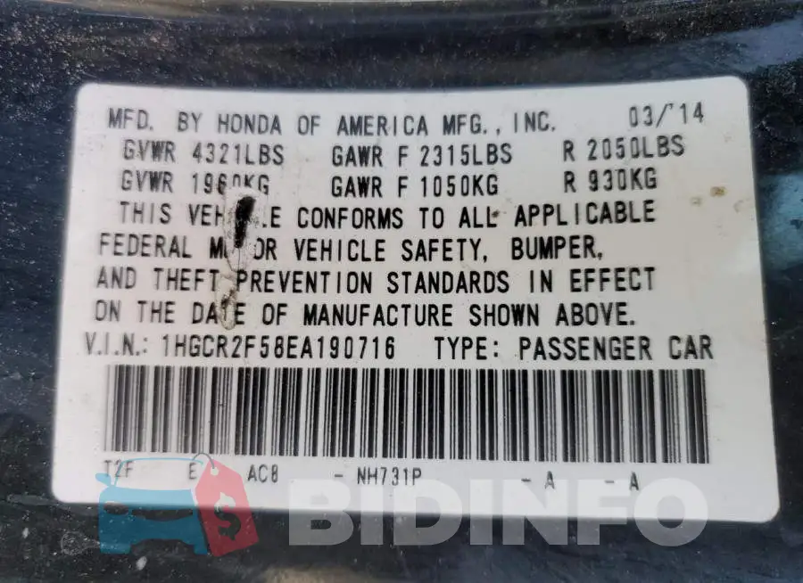 1HGCR2F58EA190716 Photo# 13