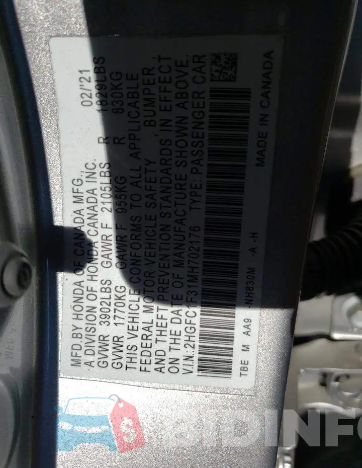 2HGFC1F31MH702176 Photo# 12