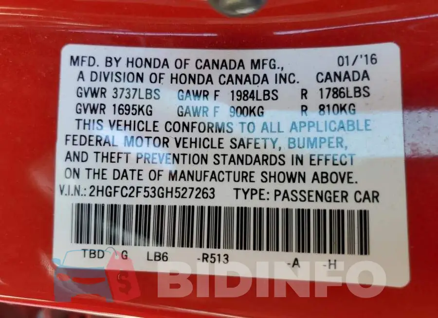2HGFC2F53GH527263 Photo# 13
