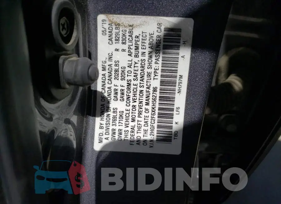 2HGFC2F6XKH562786 Photo# 12