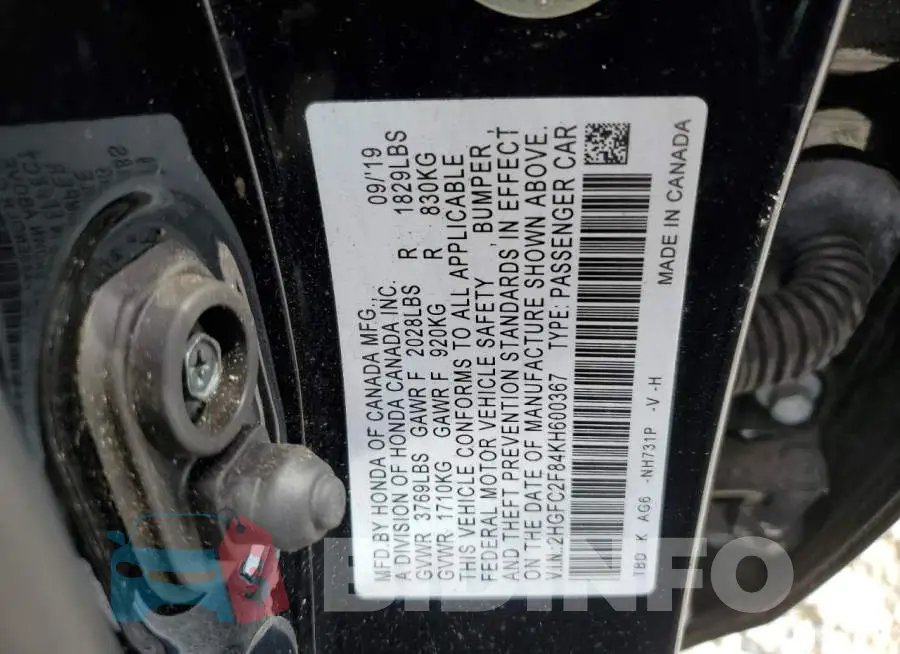 2HGFC2F84KH600367 Photo# 12