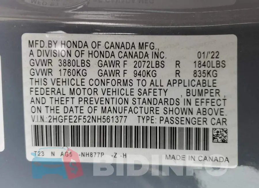 2HGFE2F52NH561377 Photo# 12