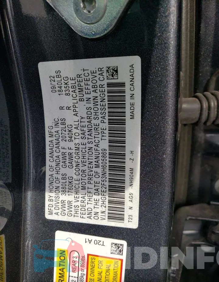 2HGFE2F53NH605869 Photo# 12