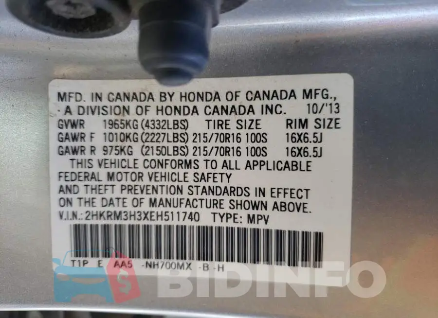 2HKRM3H3XEH511740 Photo# 14