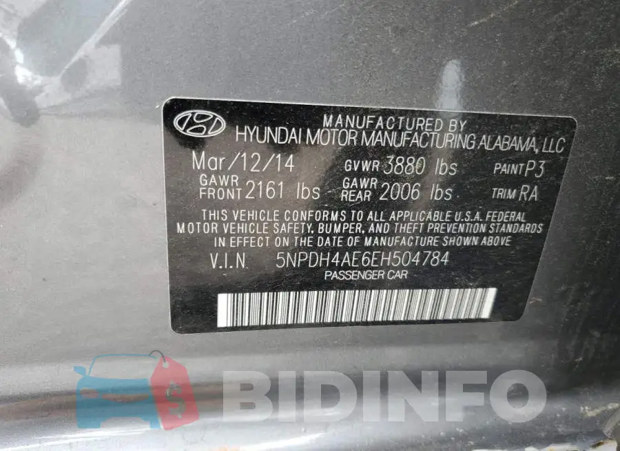5NPDH4AE6EH504784 Photo# 12