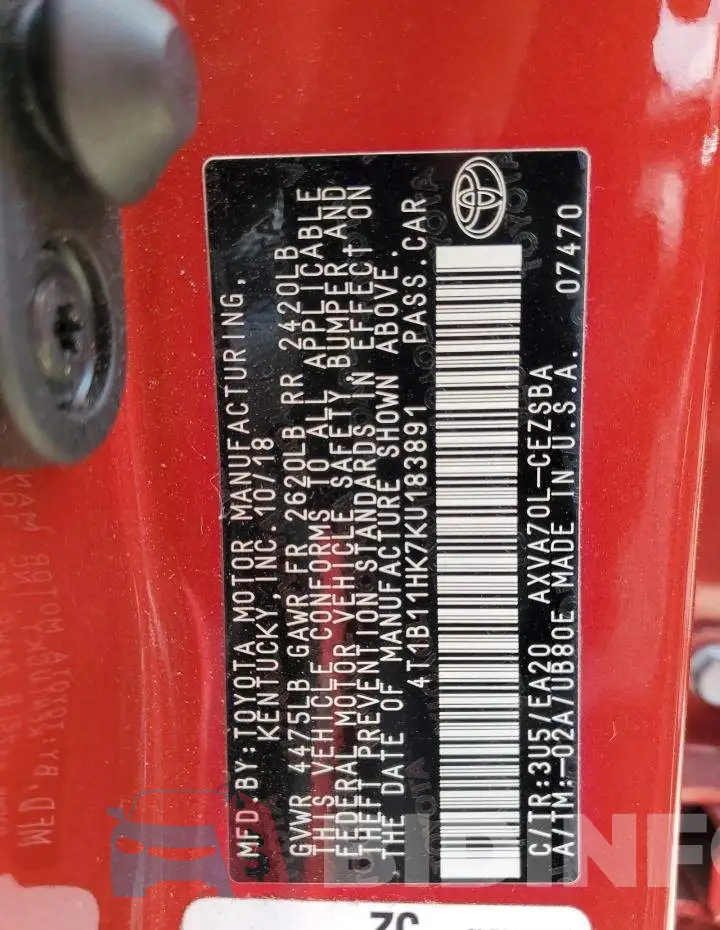 4T1B11HK7KU183891 Photo# 12