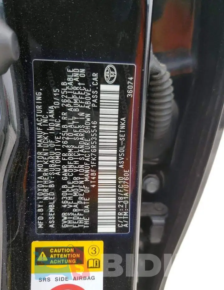 4T4BF1FK7GR535546 Photo# 12