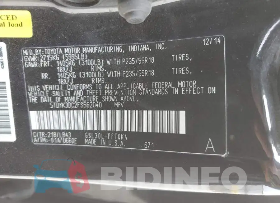 5TDYK3DC2FS562040 Photo# 13
