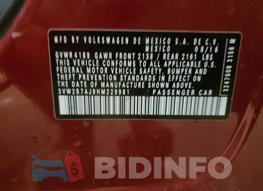 3VW2B7AJ9HM229981 Photo# 12