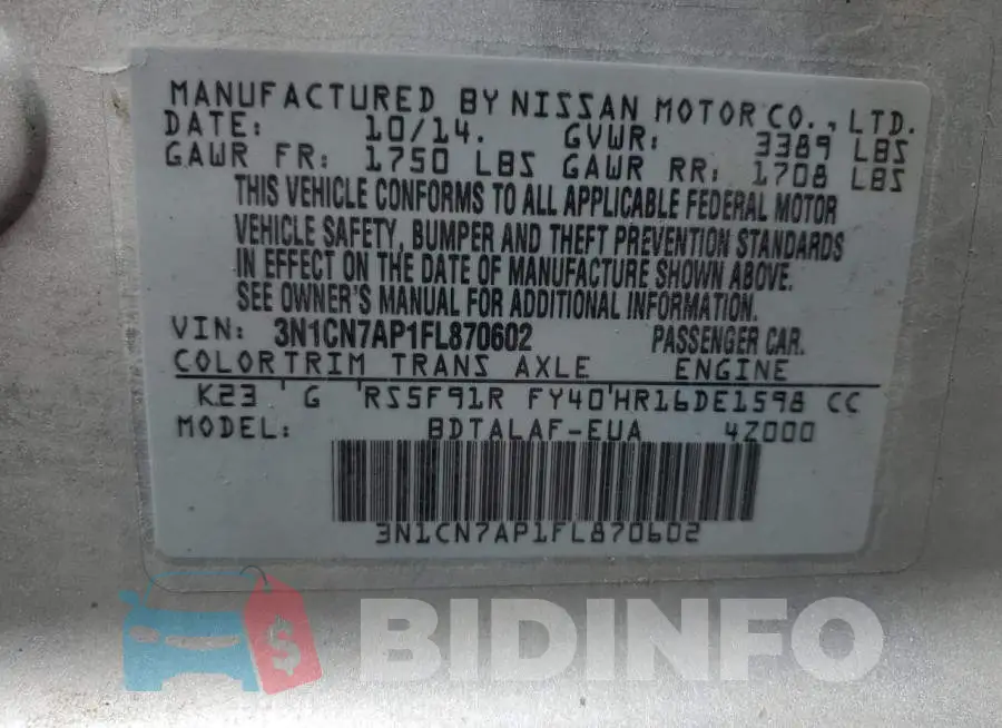3N1CN7AP1FL870602 Photo# 13