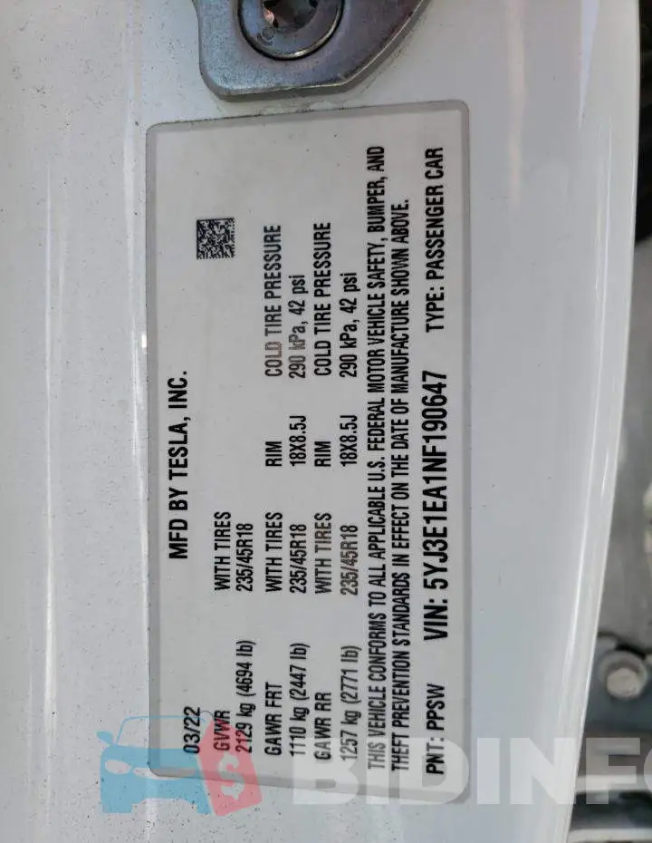 5YJ3E1EA1NF190647 Photo# 13