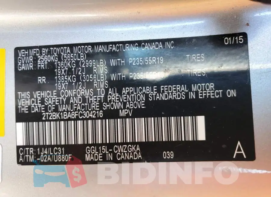 2T2BK1BA6FC304216 Photo# 14