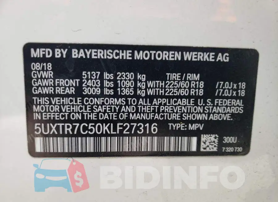 5UXTR7C50KLF27316 Photo# 13