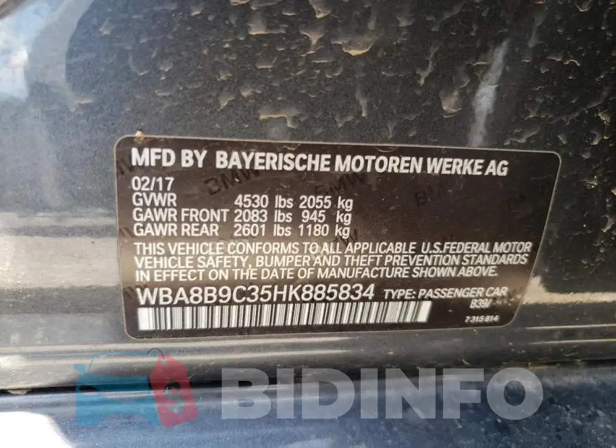 WBA8B9C35HK885834 Photo# 10