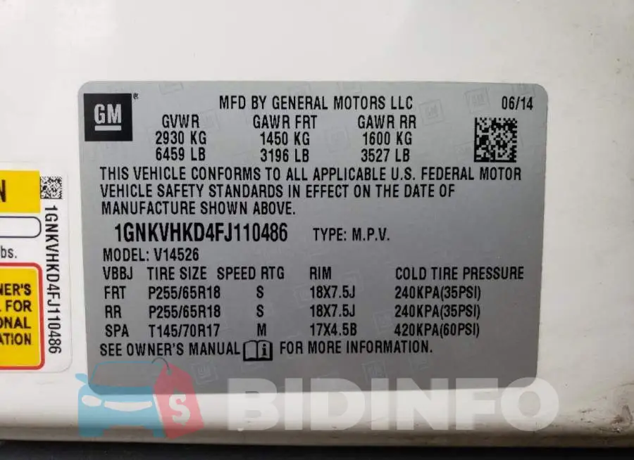 1GNKVHKD4FJ110486 Photo# 13