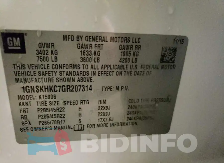1GNSKHKC7GR207314 Photo# 14