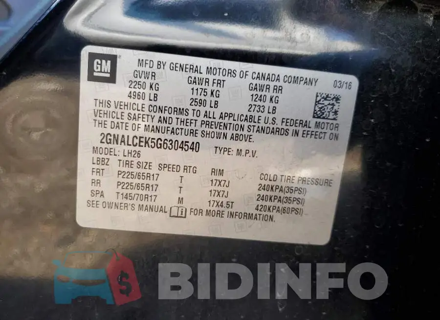 2GNALCEK5G6304540 Photo# 13