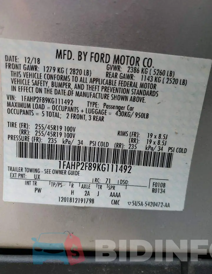 1FAHP2F89KG111492 Photo# 12