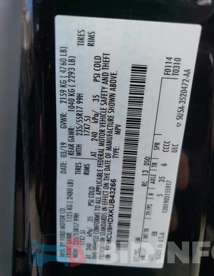 1FMCU9HDXKUB43266 Photo# 13