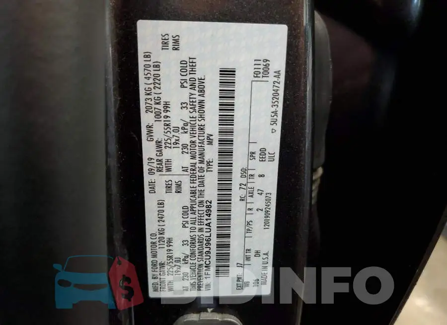 1FMCU9J96LUA14982 Photo# 12