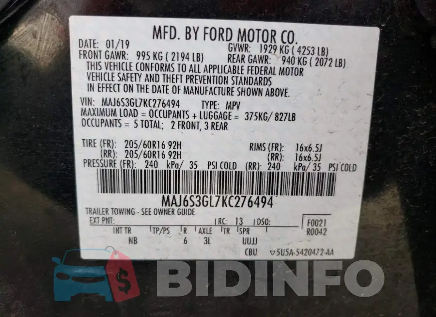 MAJ6S3GL7KC276494 Photo# 13