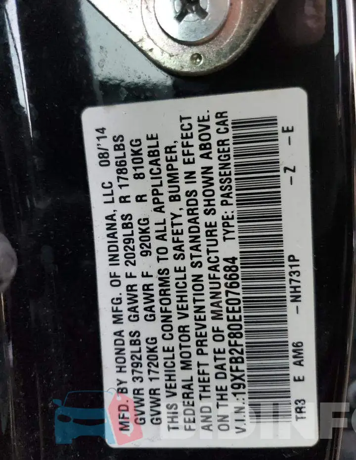 19XFB2F80EE076684 Photo# 13