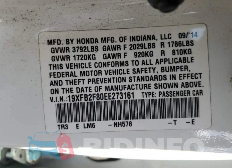 19XFB2F80EE273161 Photo# 12
