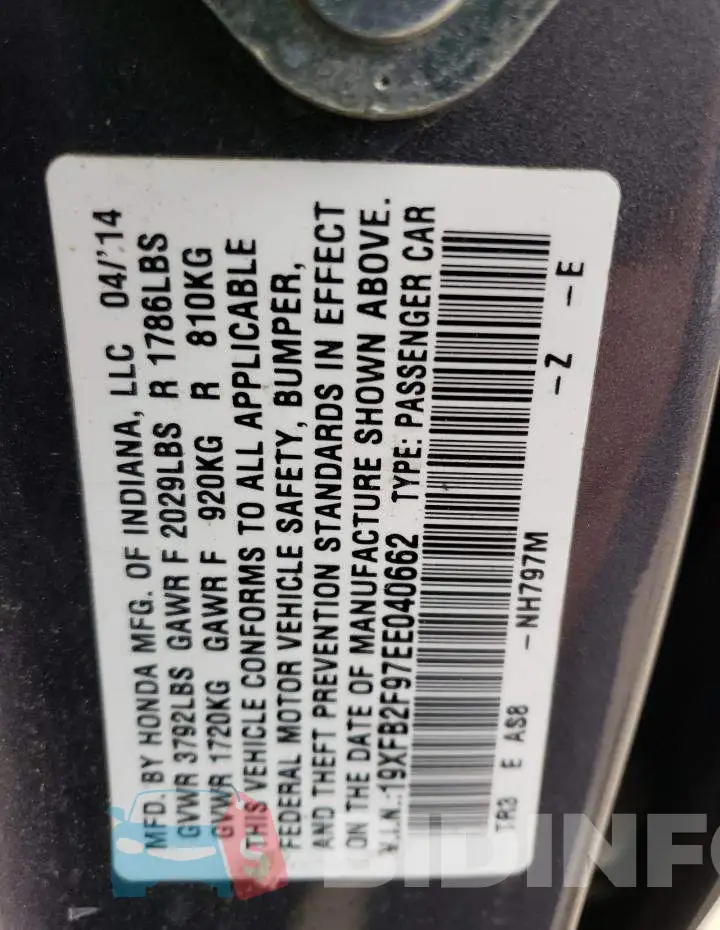 19XFB2F97EE040662 Photo# 12
