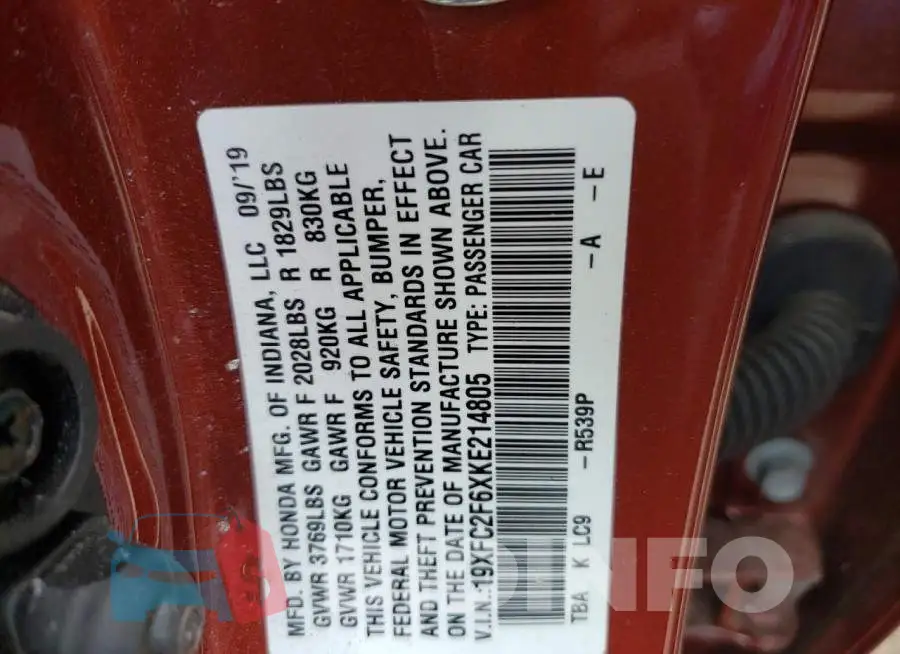 19XFC2F6XKE214805 Photo# 12