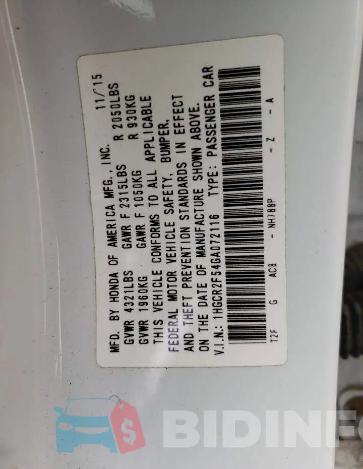 1HGCR2F54GA072116 Photo# 12