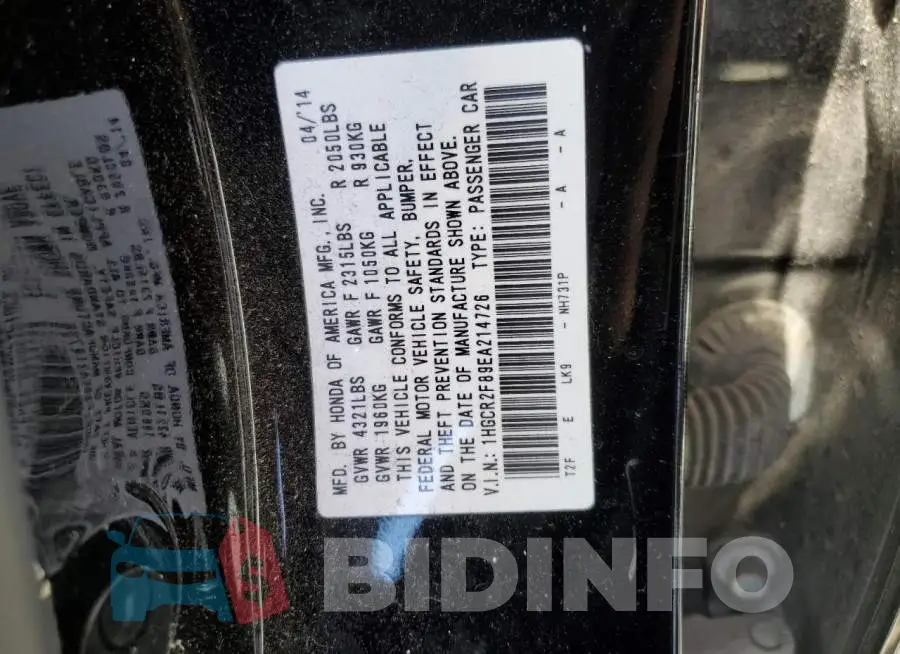 1HGCR2F89EA214726 Photo# 12