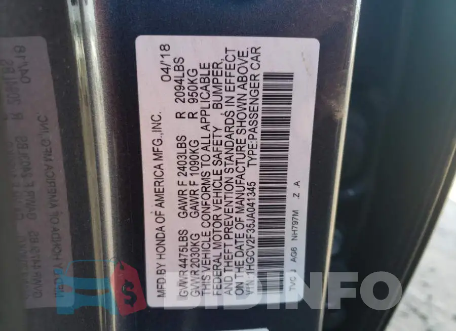 1HGCV2F35JA041345 Photo# 12