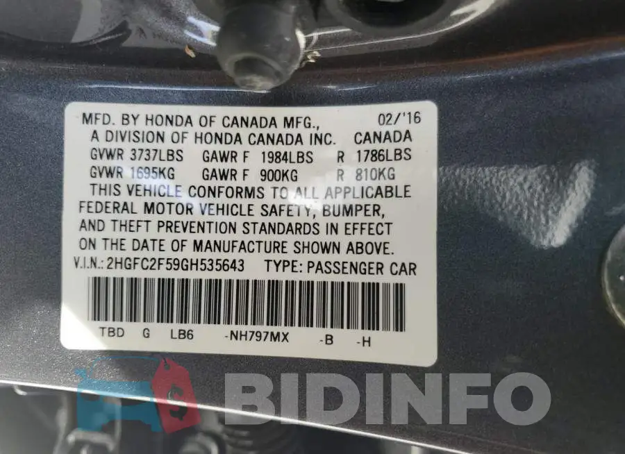 2HGFC2F59GH535643 Photo# 12