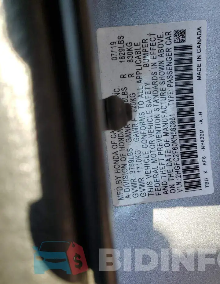 2HGFC2F60KH580861 Photo# 13
