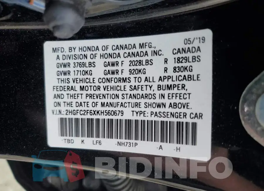 2HGFC2F6XKH560679 Photo# 12