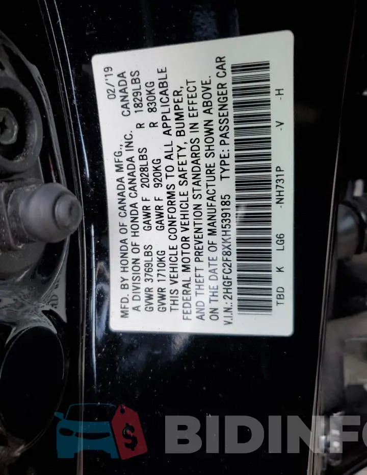 2HGFC2F8XKH539185 Photo# 12