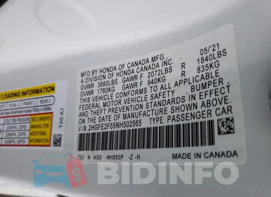 2HGFE2F55NH502565 Photo# 13