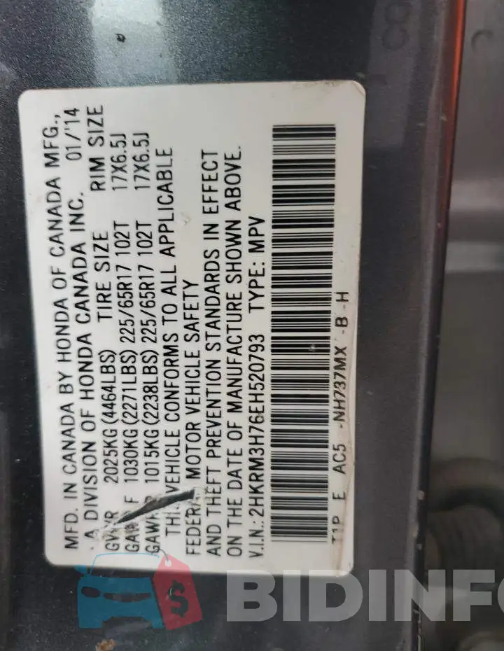 2HKRM3H76EH520793 Photo# 13
