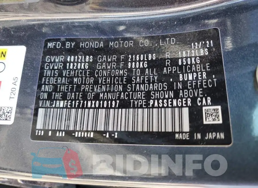 JHMFE1F71NX010197 Photo# 13