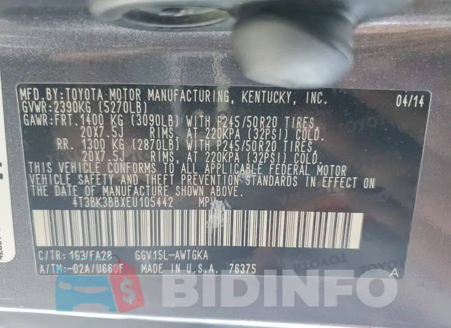 4T3BK3BBXEU105442 Photo# 12