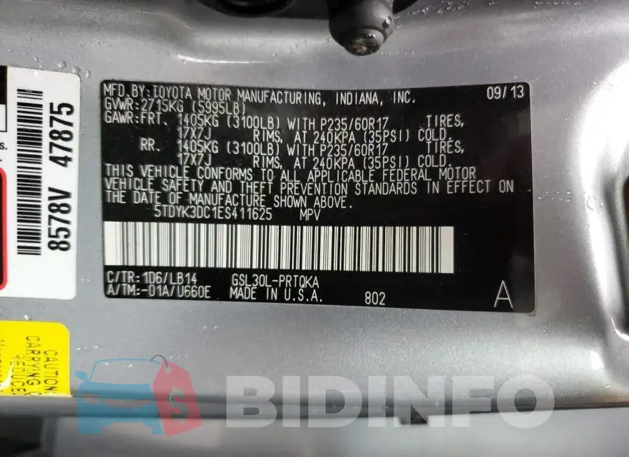 5TDYK3DC1ES411625 Photo# 13