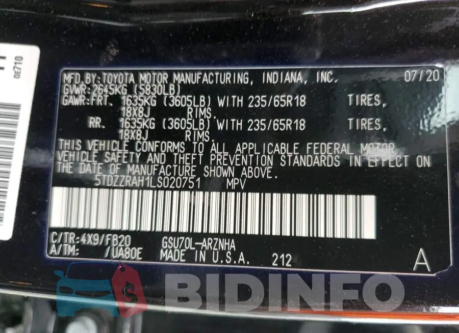5TDZZRAH1LS020751 Photo# 14