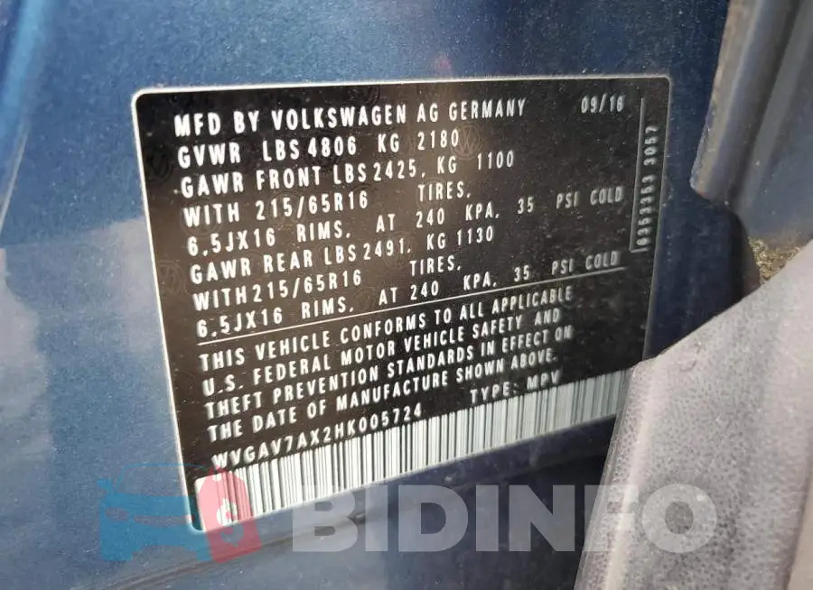 WVGAV7AX2HK005724 Photo# 12