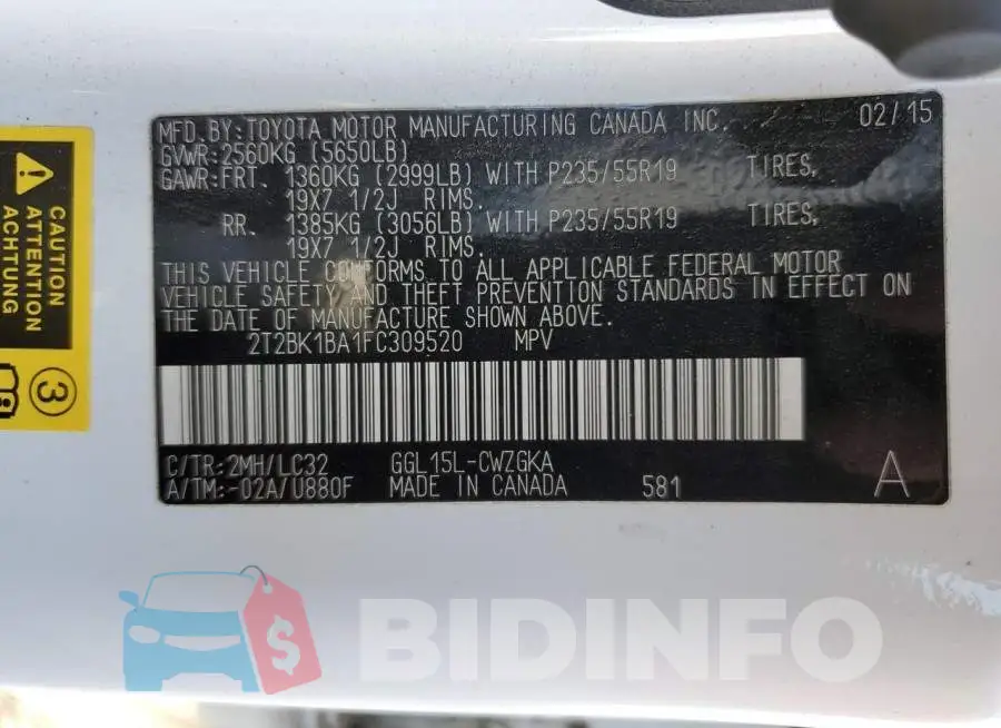 2T2BK1BA1FC309520 Photo# 10