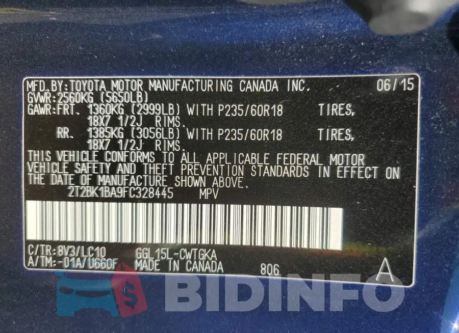 2T2BK1BA9FC328445 Photo# 14