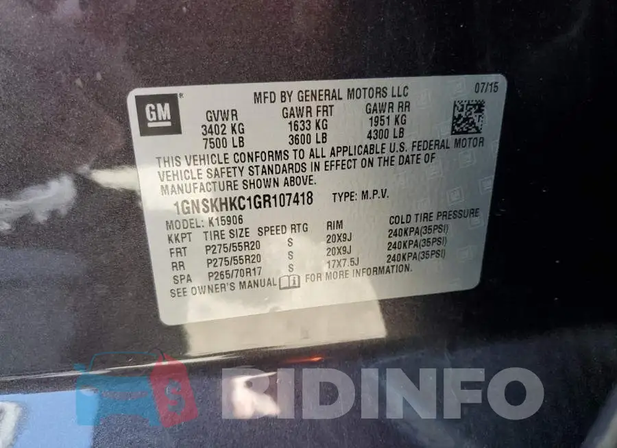 1GNSKHKC1GR107418 Photo# 13
